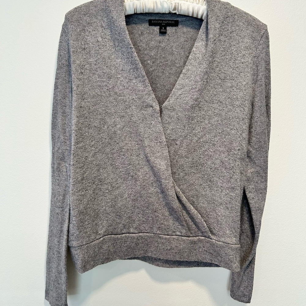 Banana Republic Shimmer Gray V-Neck Sweater